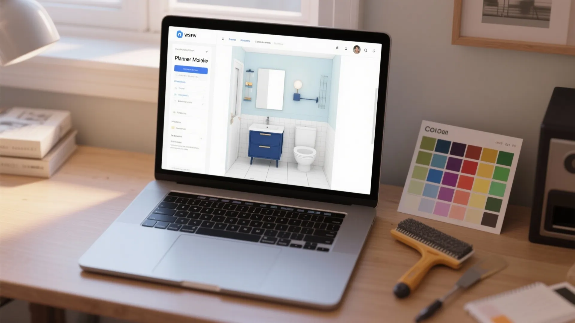 Laptop showing a 3D bathroom mockup with navy vanity color swatches and sanding tools