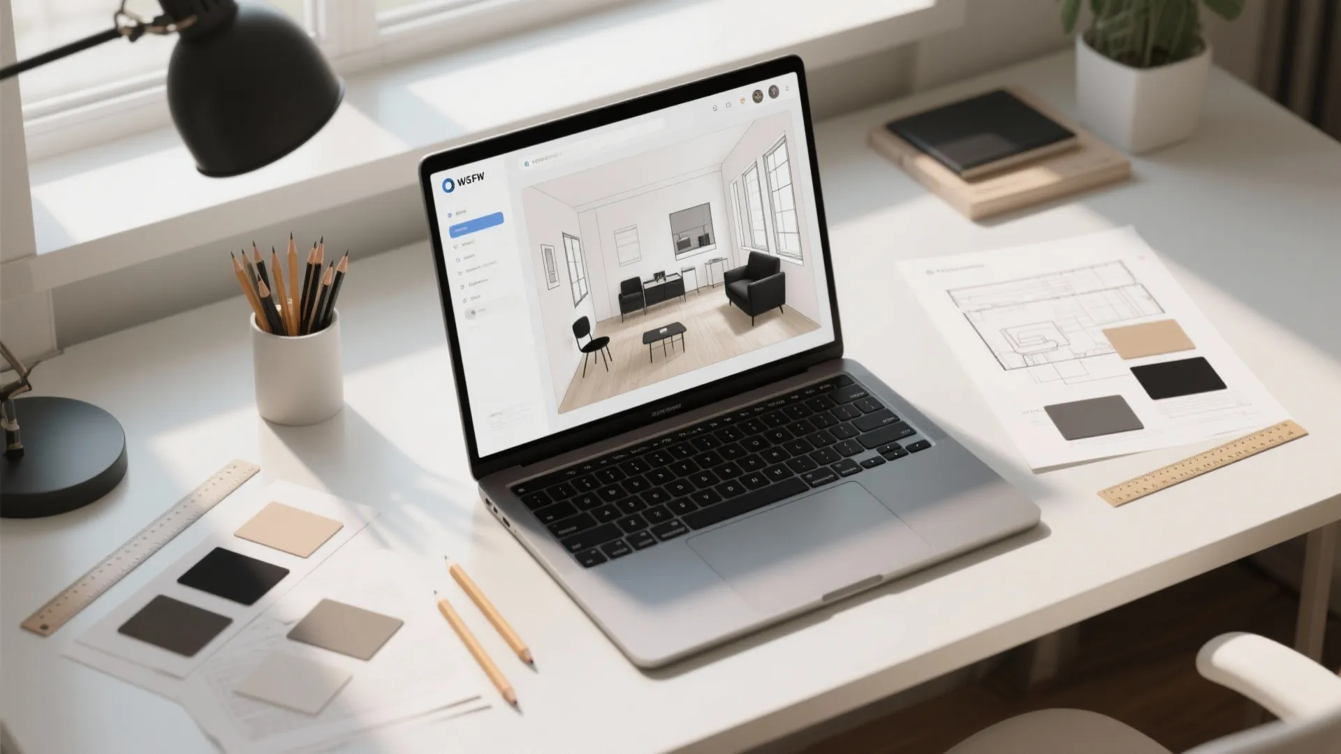 Laptop on desk showing interior design drawing with floor plan paper and color sample cards