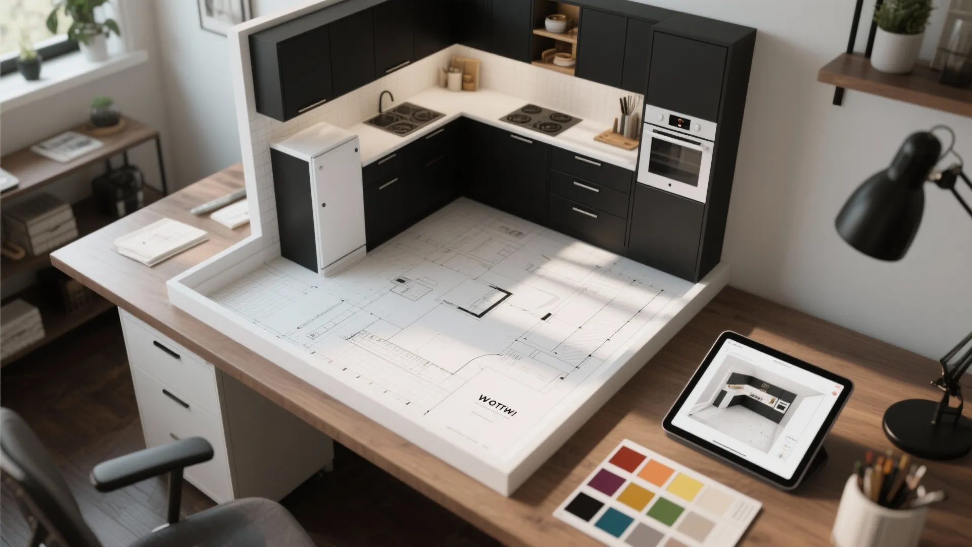 Top-down view of a 3D kitchen planner on a tablet next to paint swatches and samples