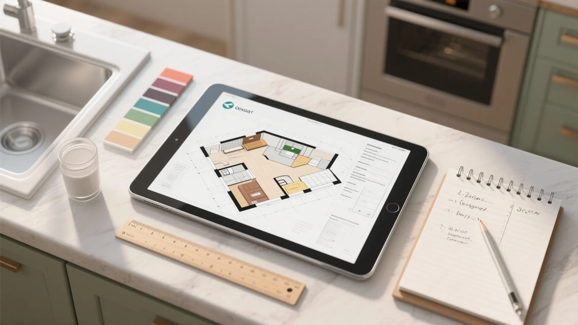 Tablet showing Coohom floor plan design with color palette ruler and notebook on kitchen counter