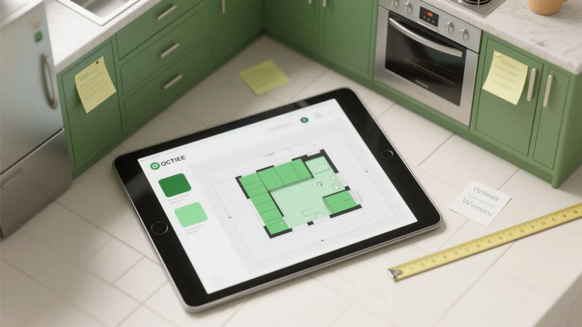 Tablet displaying a green room floor plan layout on a white kitchen counter with tools