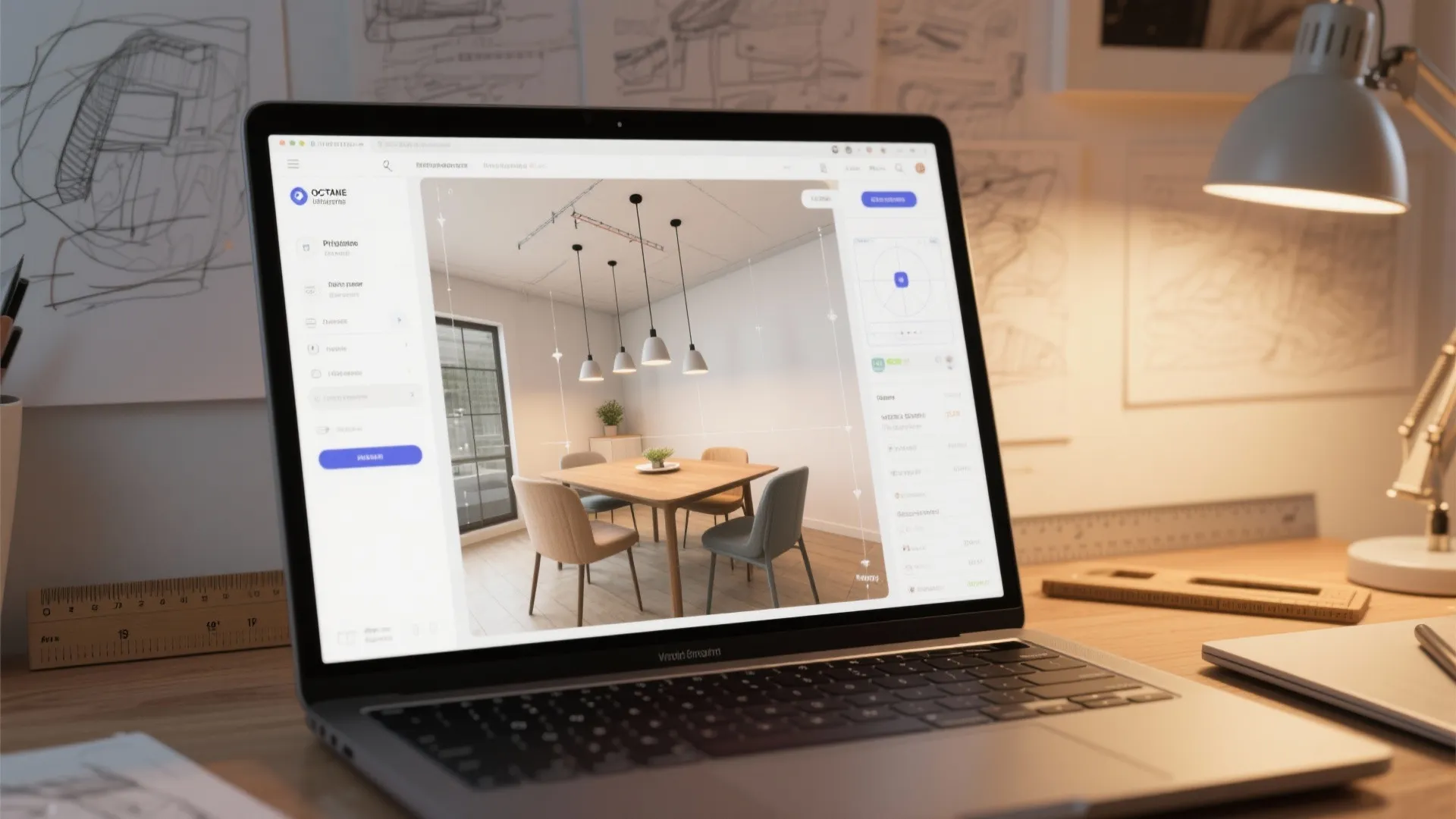 Laptop on a desk showing interior design software with a dining room 3D model view