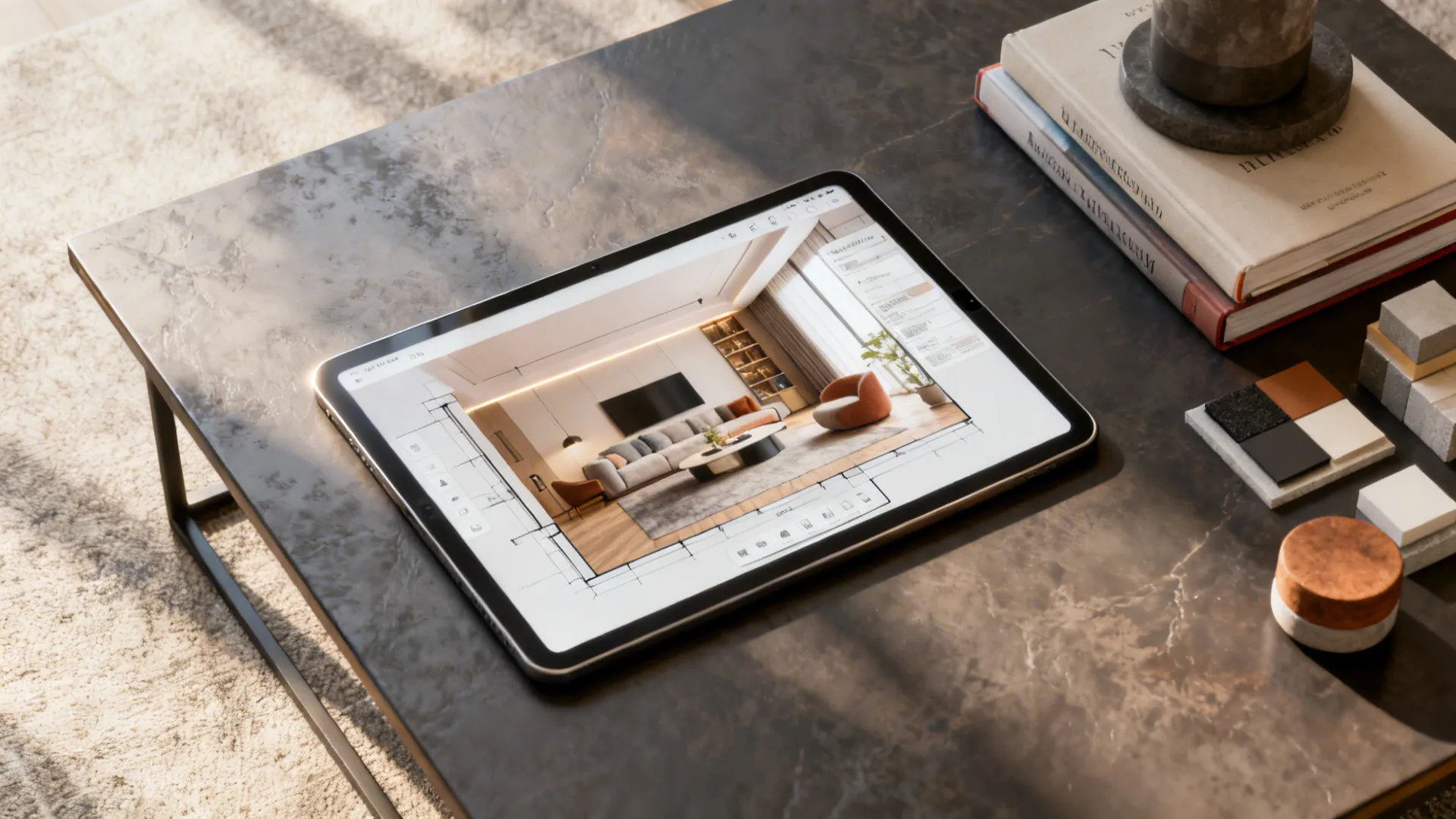 Tablet showing a 3D room planner mockup next to a styled coffee table, used for testing scale