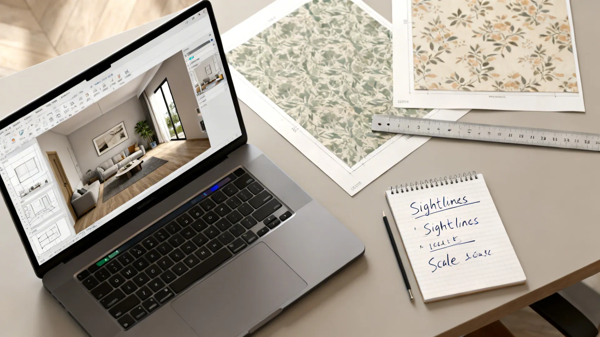 Desk scene with a laptop showing a 3D room planner, wallpaper mock-ups and measuring tools for testing placements.