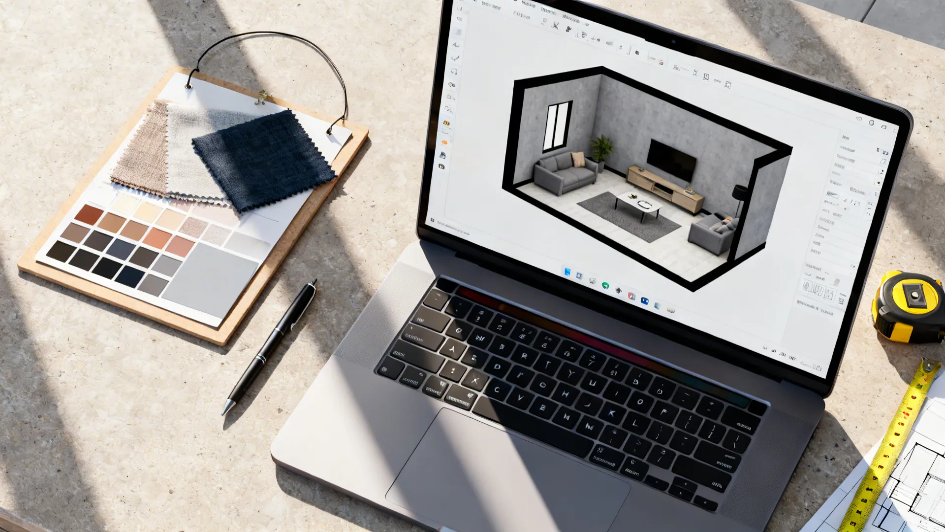 Top-down view of a laptop showing a 3D floor plan and a mood board for a grey-walled room with black trim.