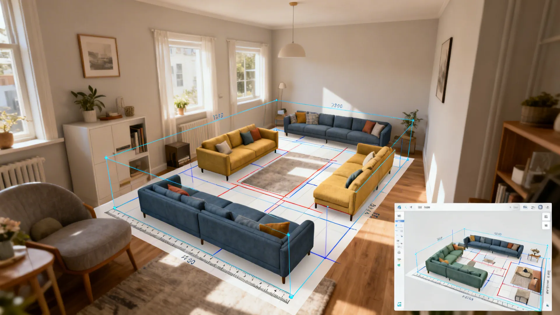 3D room planner mockup showing multiple sofa arrangements and circulation checks in a small room.