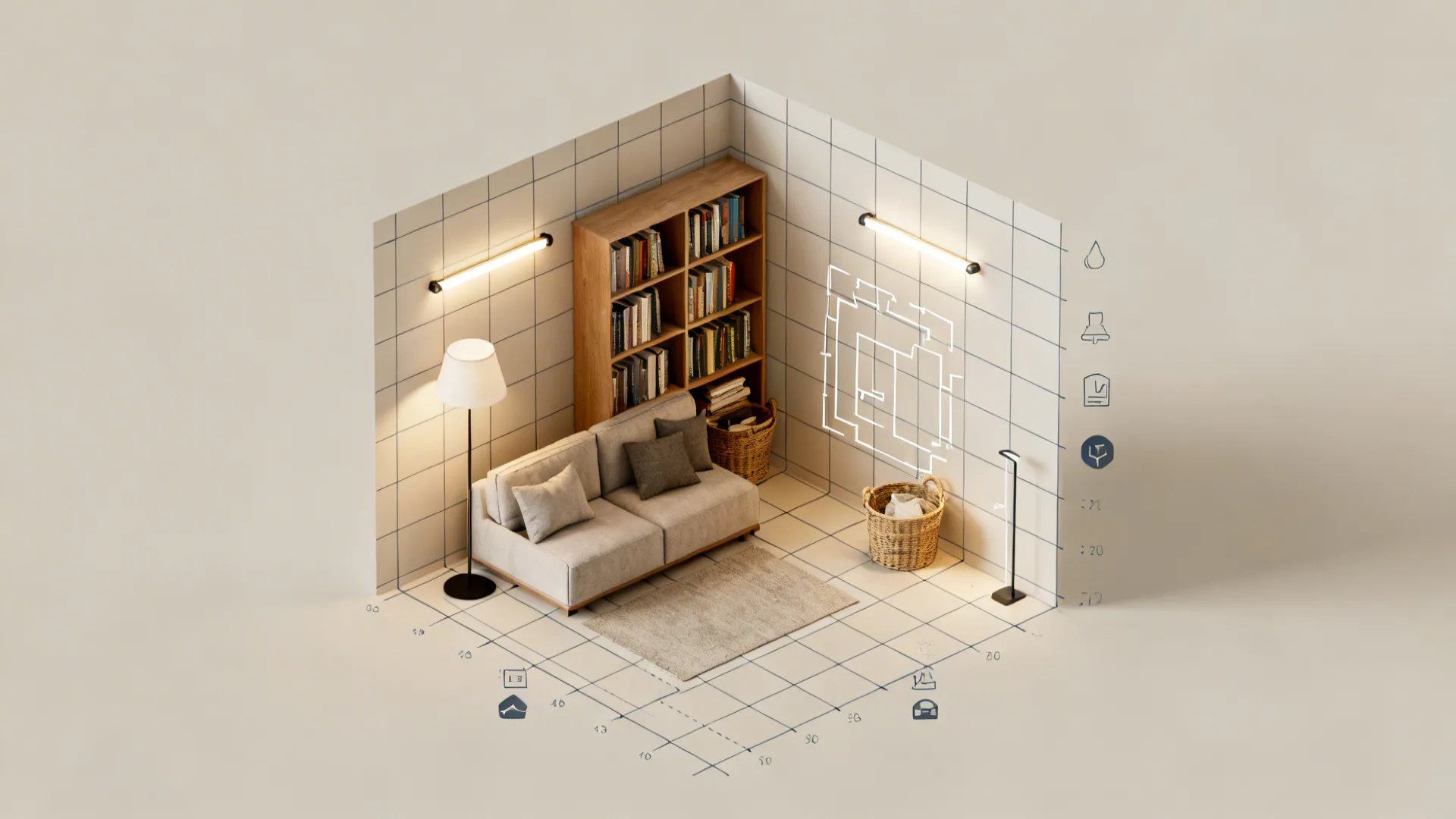 Top-down room planner mockup showing bookcase layout, lighting and storage planning