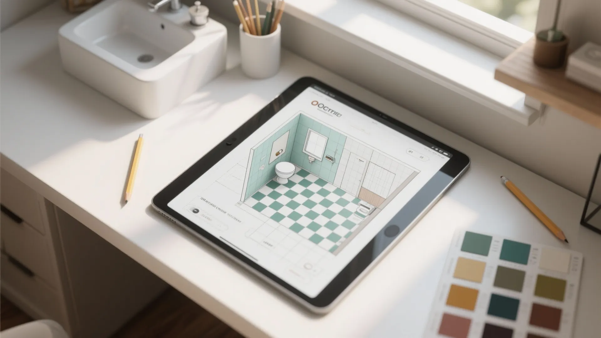 Top-down mockup of a bathroom floor plan with tile overlays and a tablet showing a room planner.