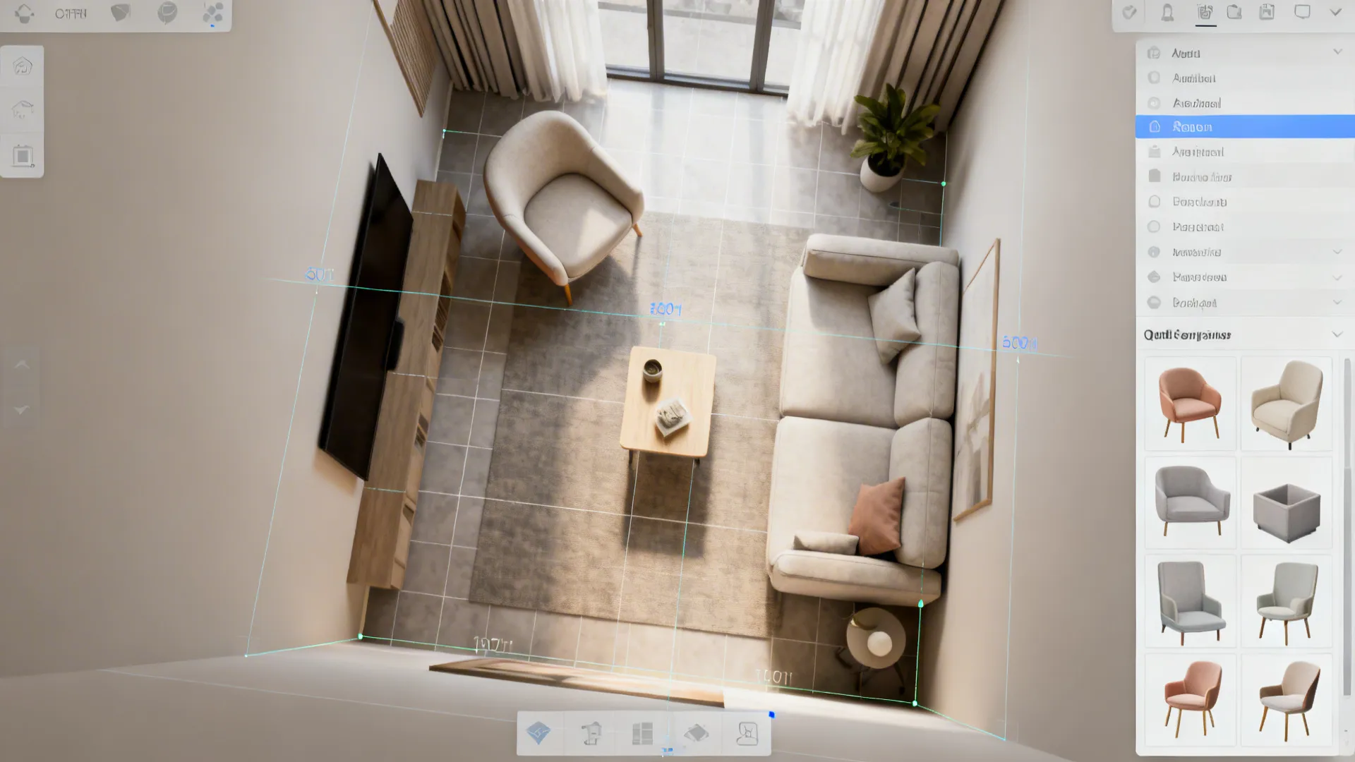 Top-down room planner mockup showing movable lightweight furniture and layout options.