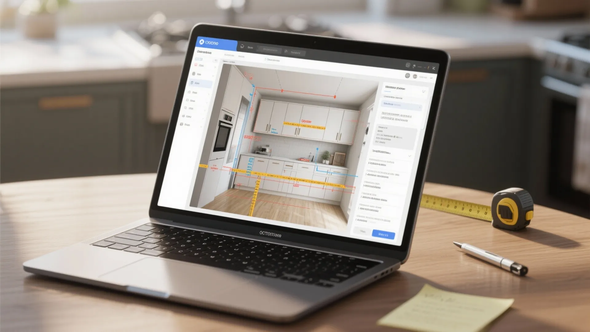Laptop showing kitchen design software with dimension lines on white cabinets, measuring tape, and silver pen
