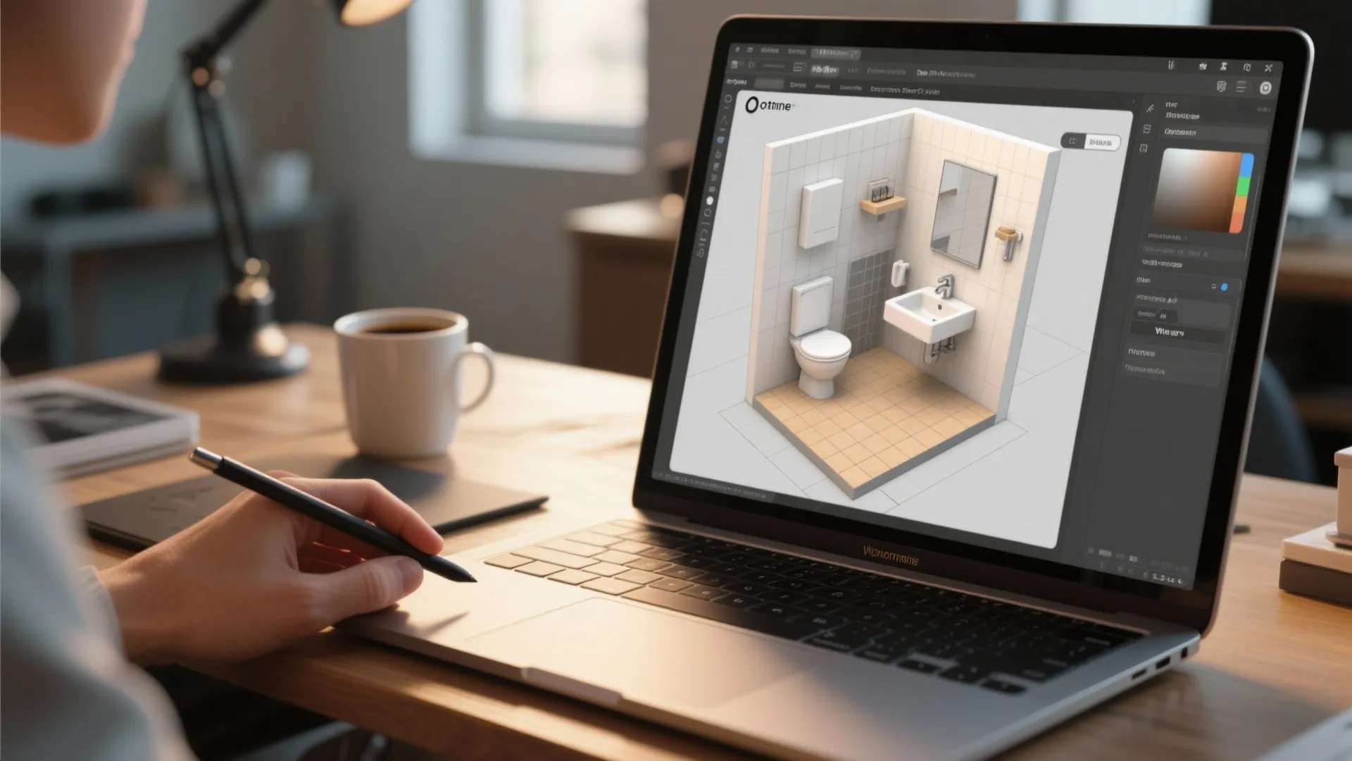Designer using a laptop to create a 3D small bathroom layout with white wall tiles