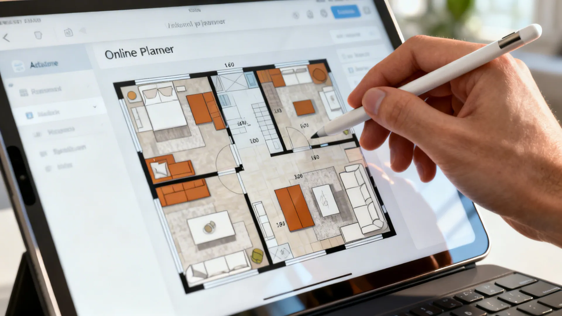 Close-up of a tablet showing a quick floor plan in an online room planner for testing layouts.