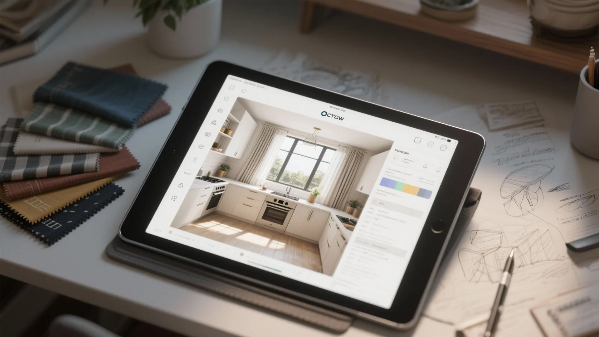 Tablet showing interior design drawing of a kitchen on desk with various colorful fabric samples