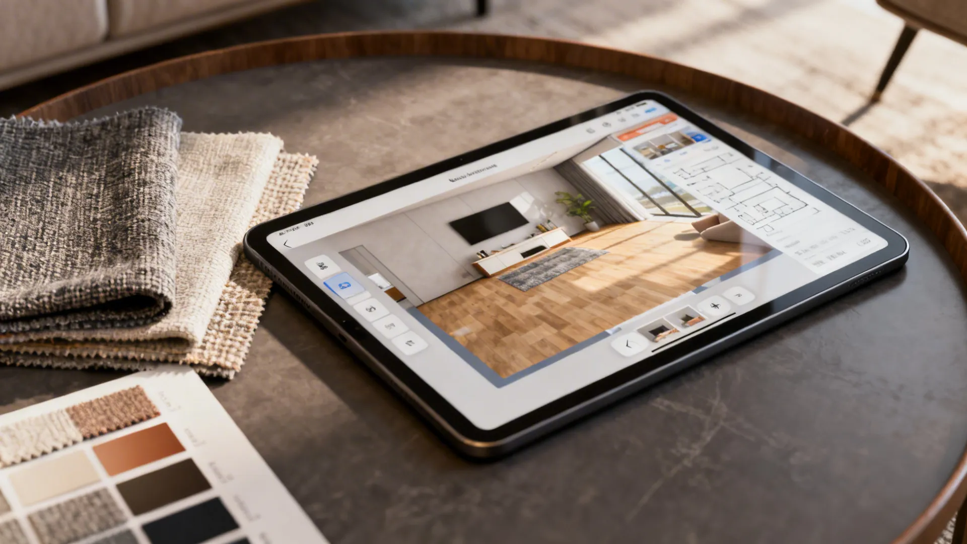 Tablet displaying a 3D floor planner with fabric swatches and a color palette on a table.