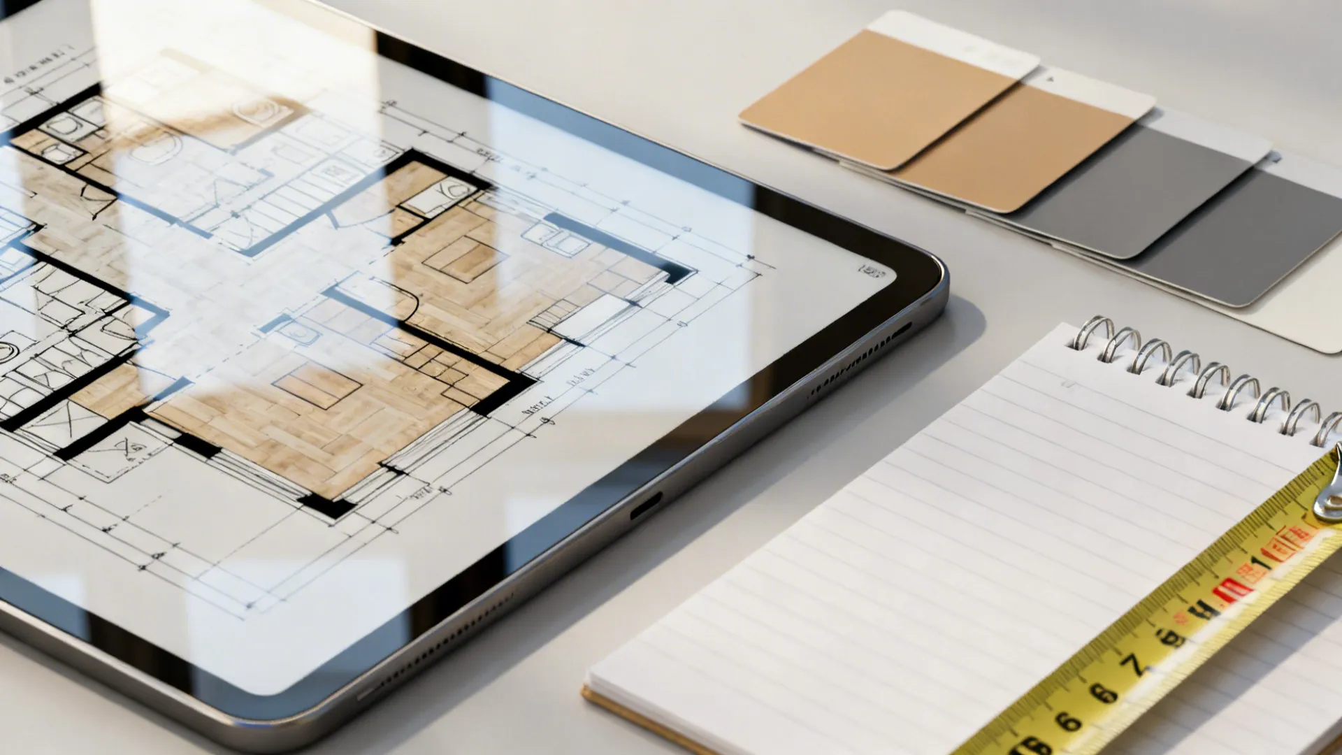 Coohom tablet with house floor plan, color samples, white notebook, and a yellow measuring tape