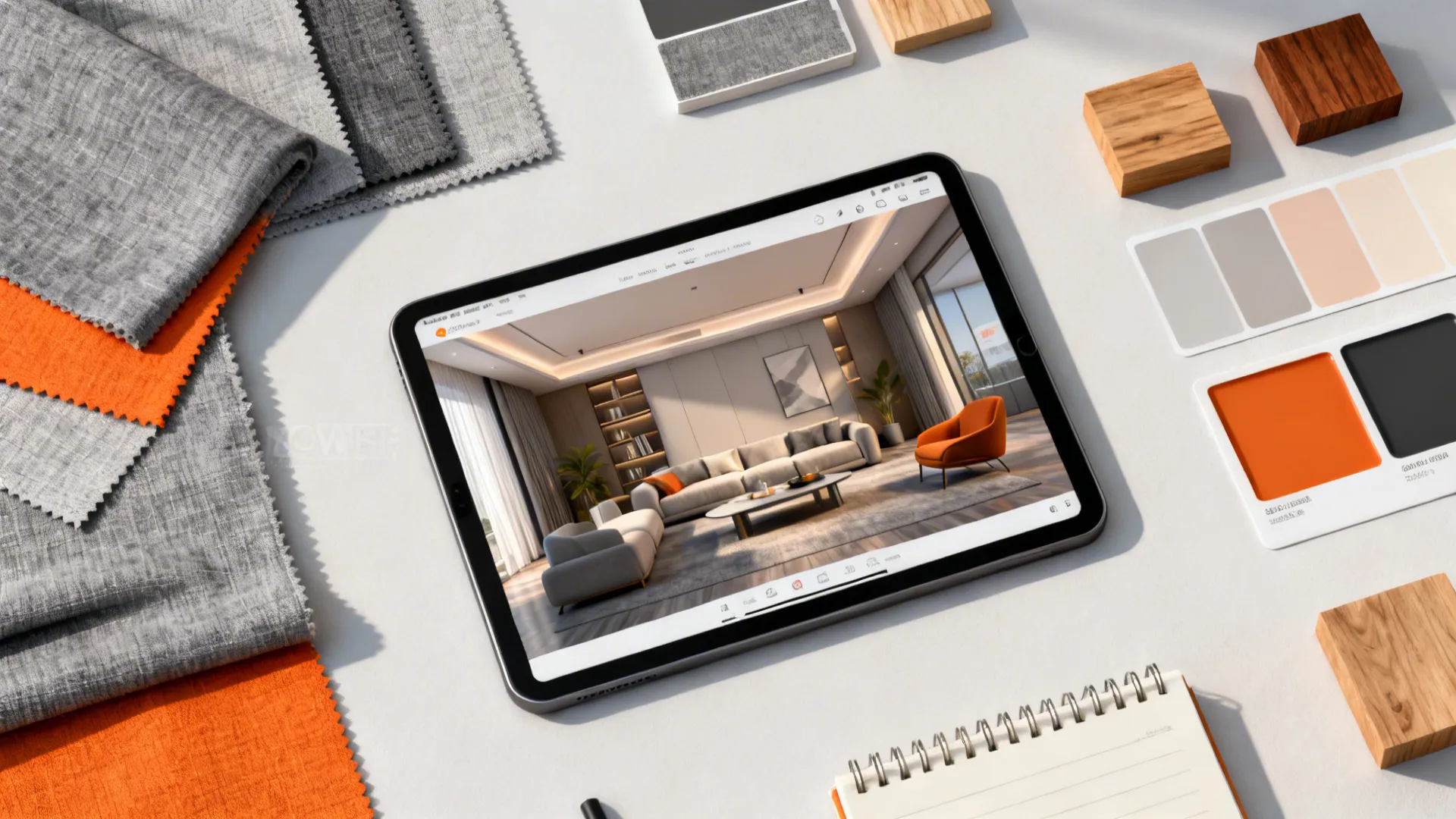 Tablet showing an interior design drawing surrounded by fabric swatches wood blocks and color cards