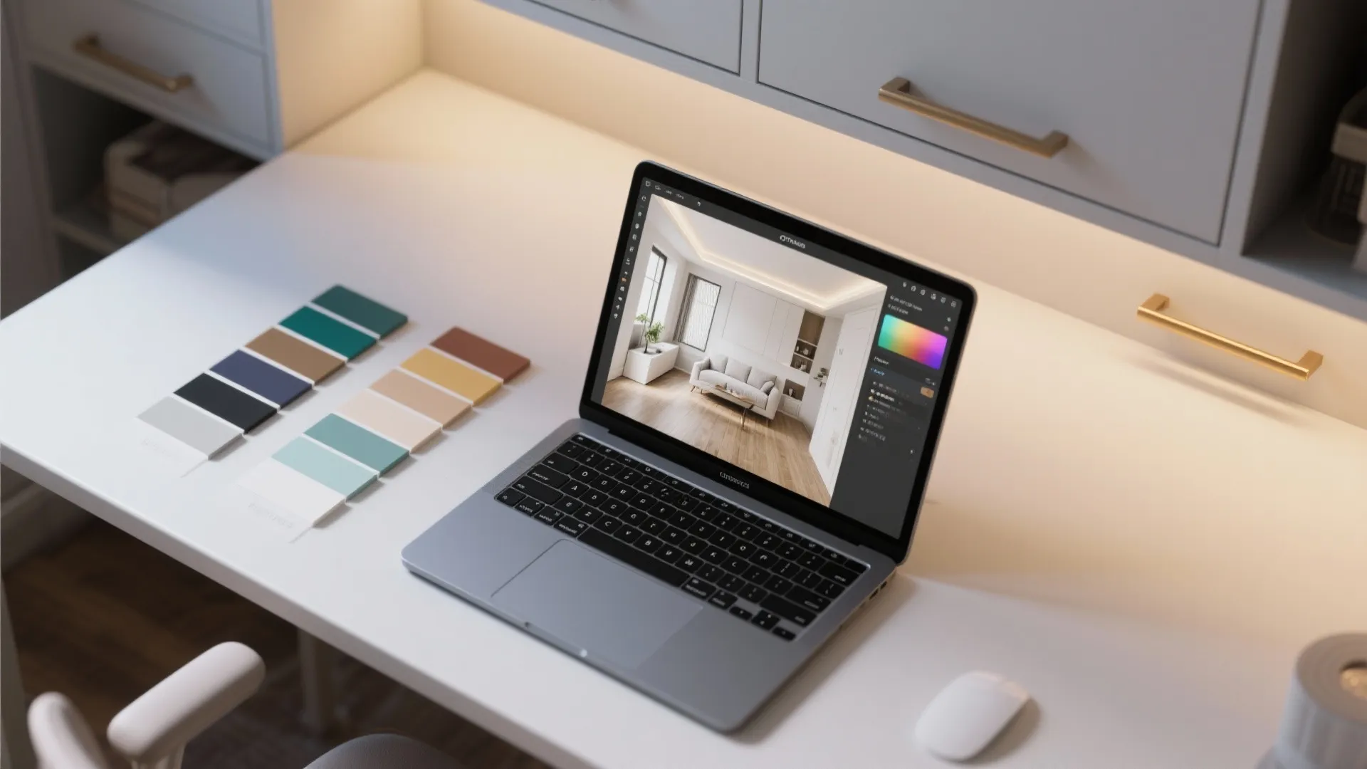 Top-down shot of an online room planner on a laptop with paint swatches and hardware samples