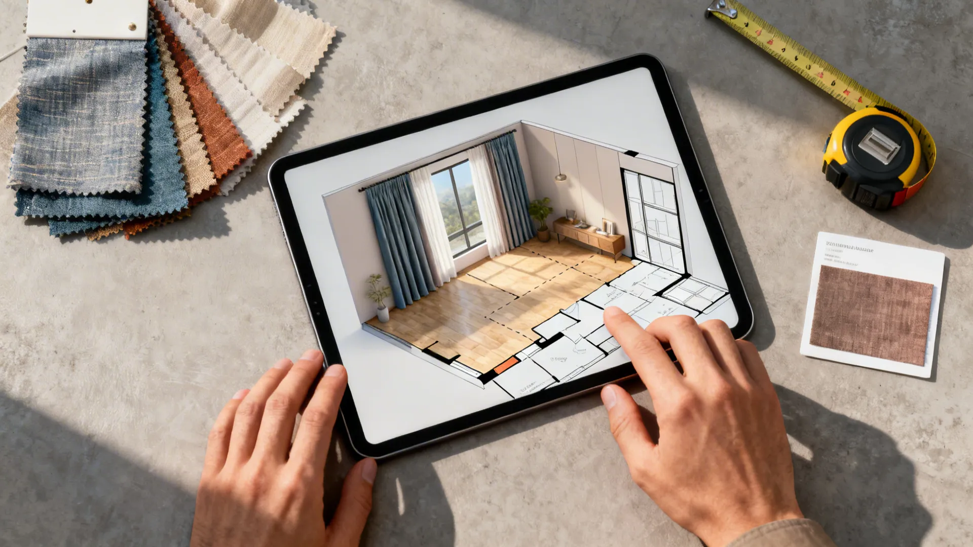 Tablet showing 3D room layout design with fabric swatches and measuring tape on stone surface