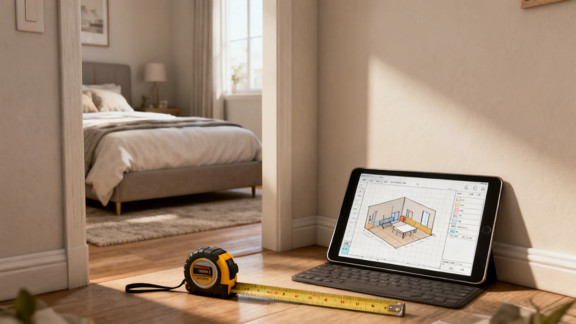 Tablet showing a 3D room planner beside measuring tools in a small bedroom setup.