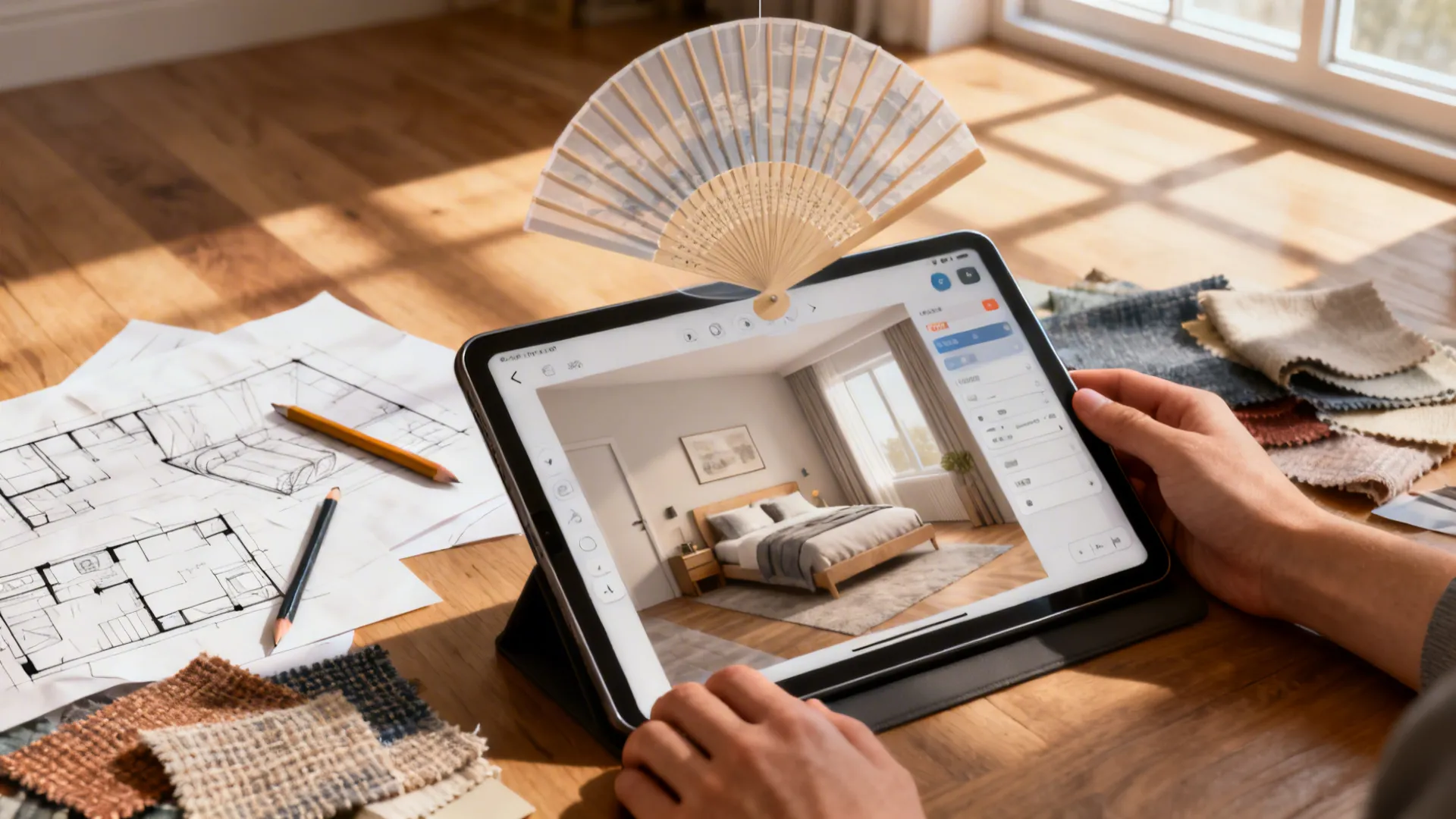 Designer using an online room planner on a tablet with a small bedroom plan and fan overlay.