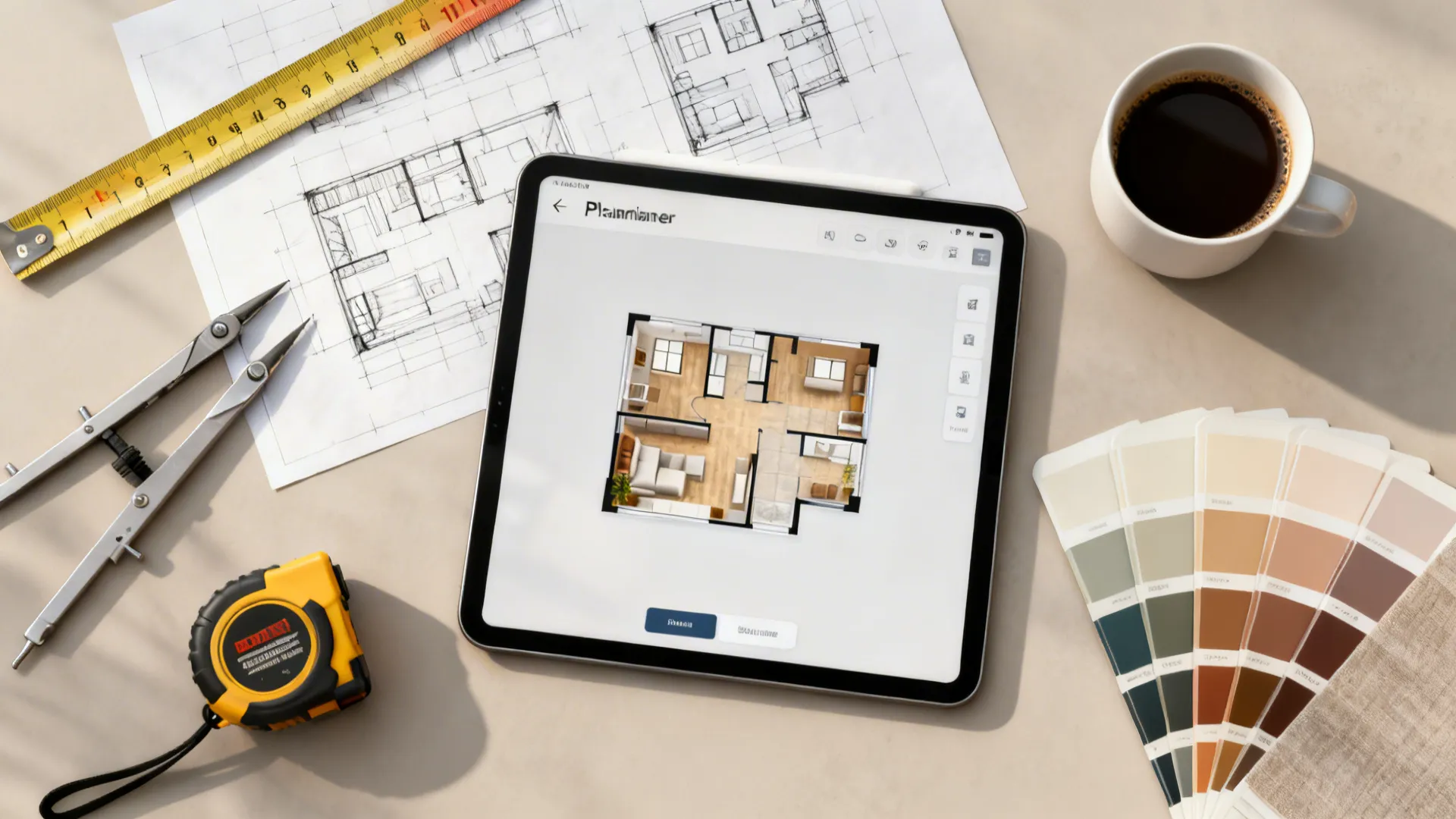 Tablet displaying 3D floor plan next to color swatches and measuring tape on work table