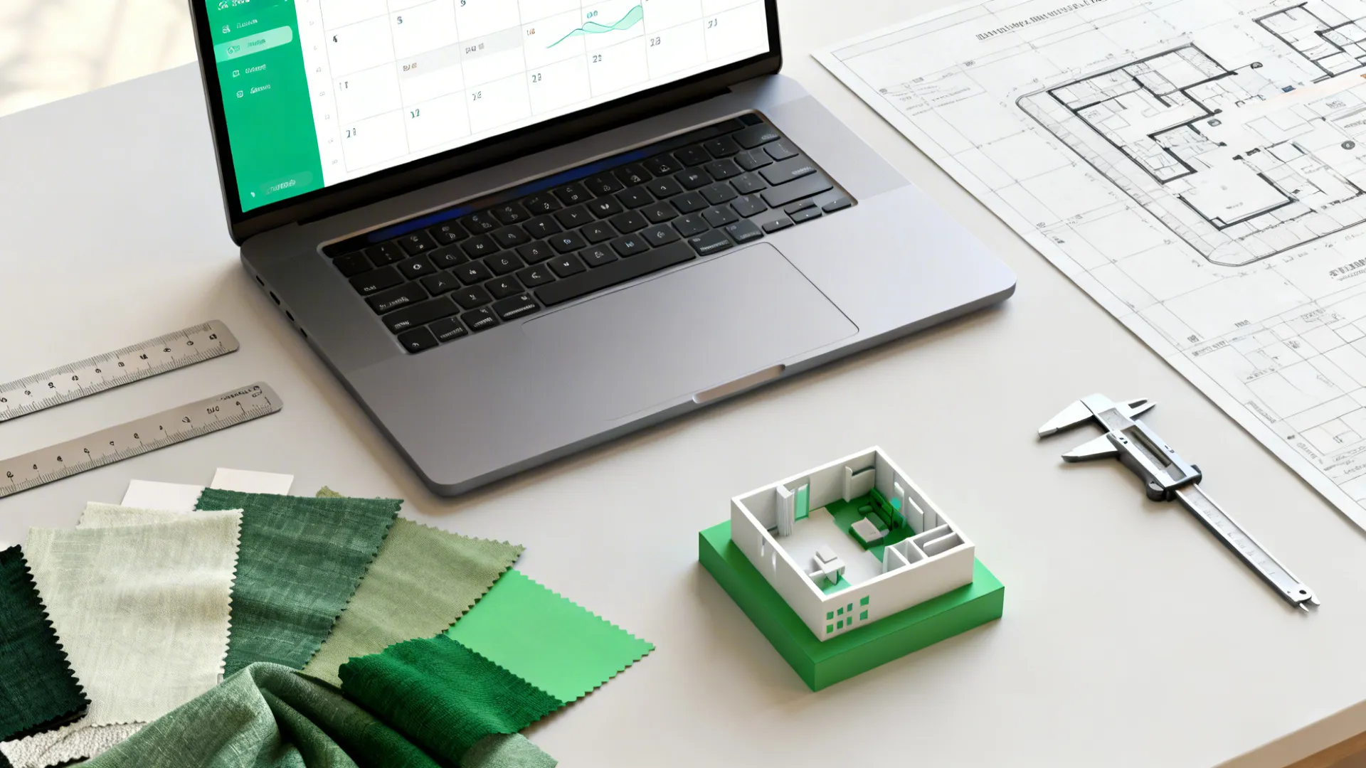 Flatlay of a laptop showing an online planner, fabric swatches, and layout tools for mapping modular sofas.