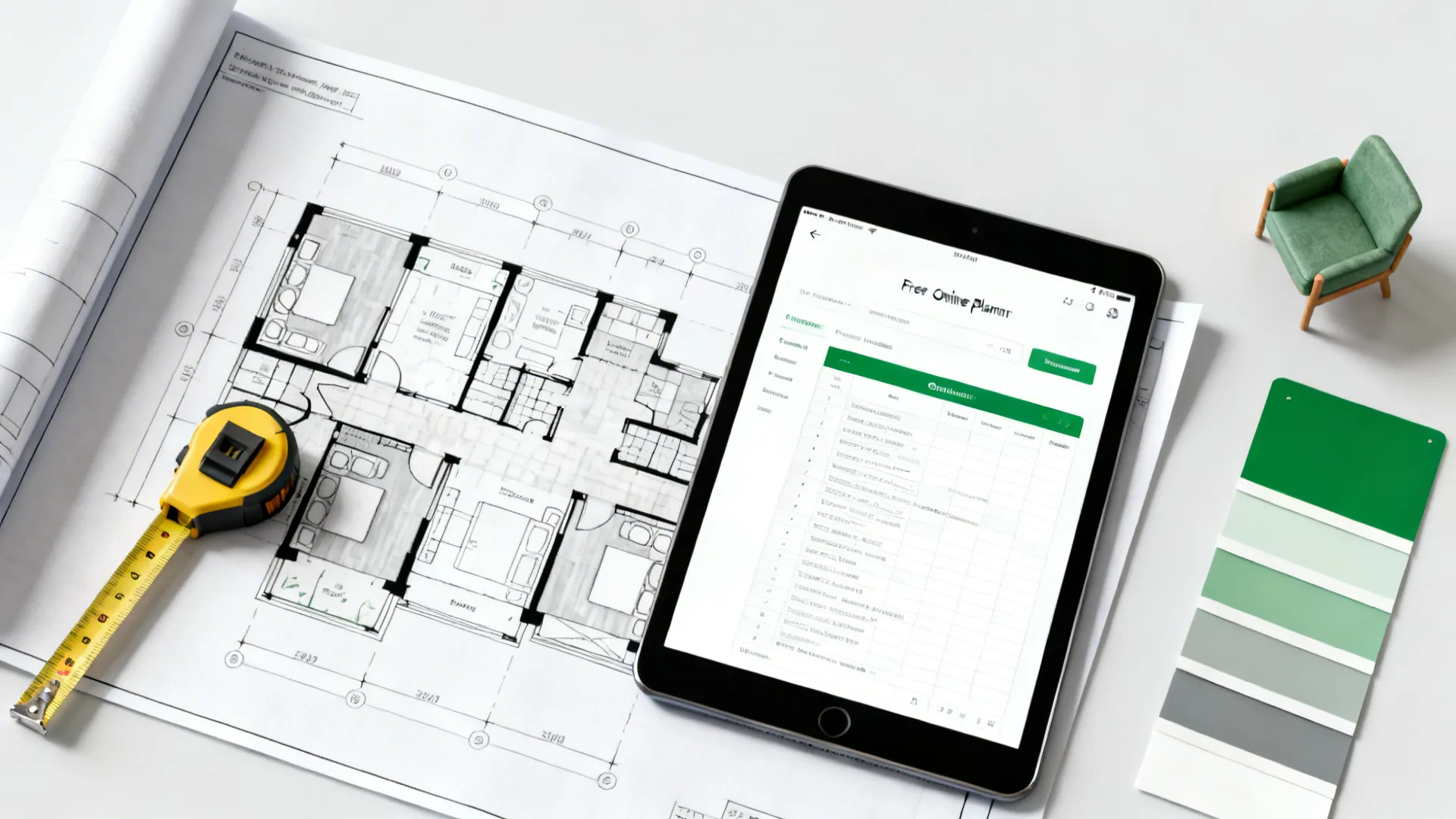 Flatlay of floor plan, tablet planner, measuring tape and swatches for quick layout