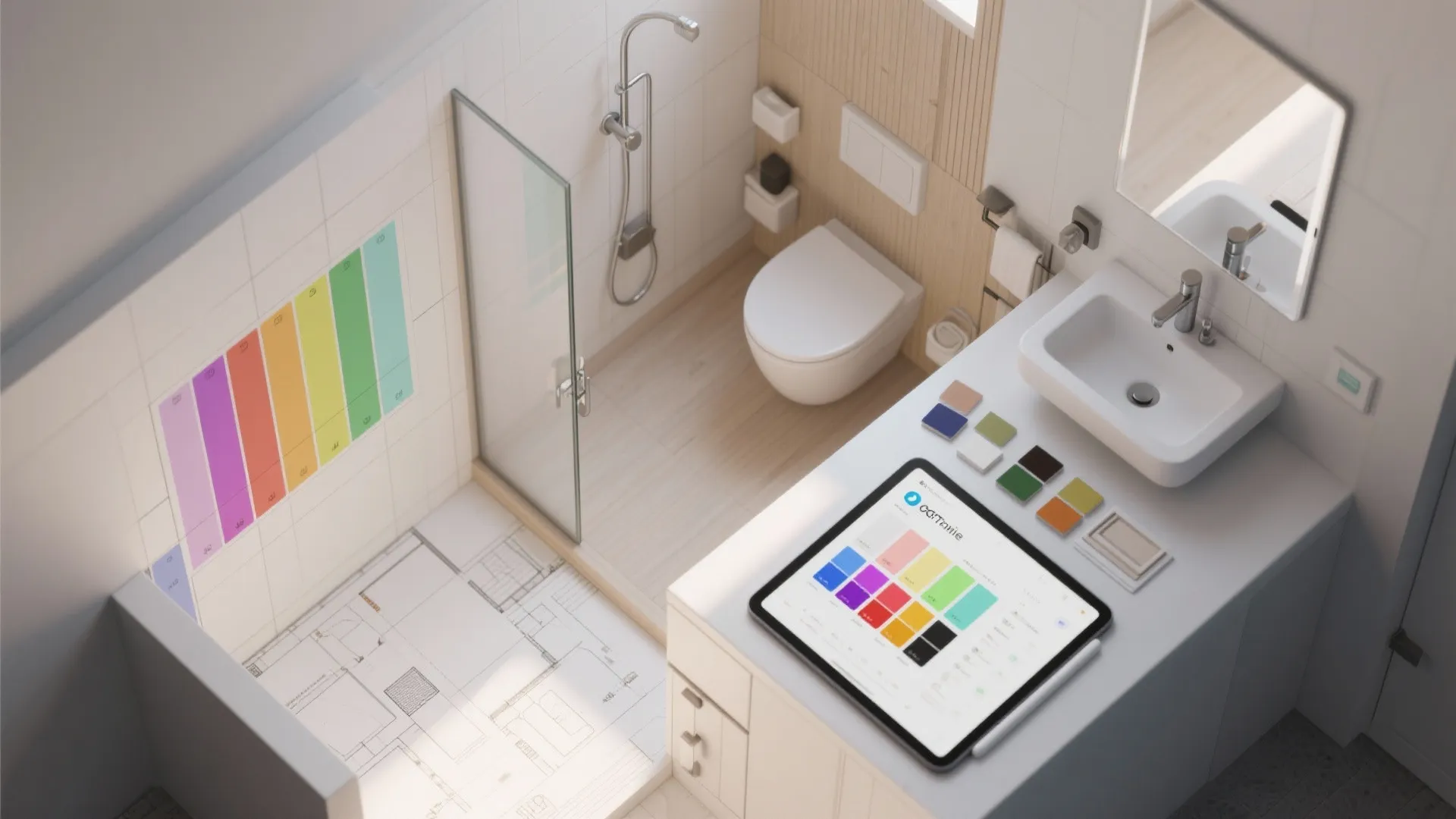 Top-down mockup of a small bathroom layout on a tablet with colour swatches