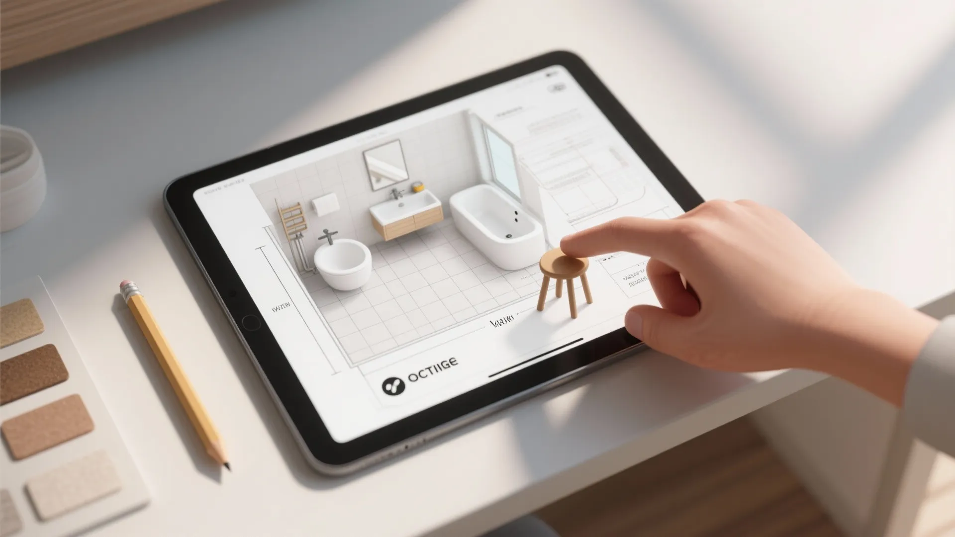 Top-down view of a tablet with a 3D bathroom floor planner arranging a stool near a tub.