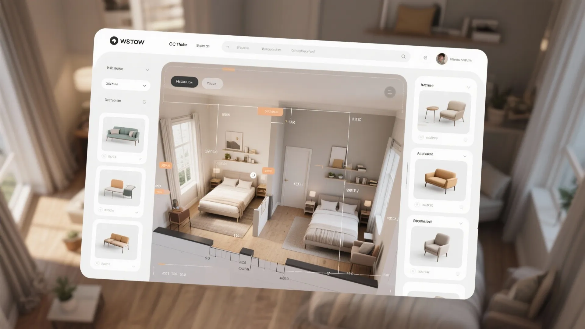 Interior design drawing interface showing a two bedroom layout with furniture selection and dimension lines