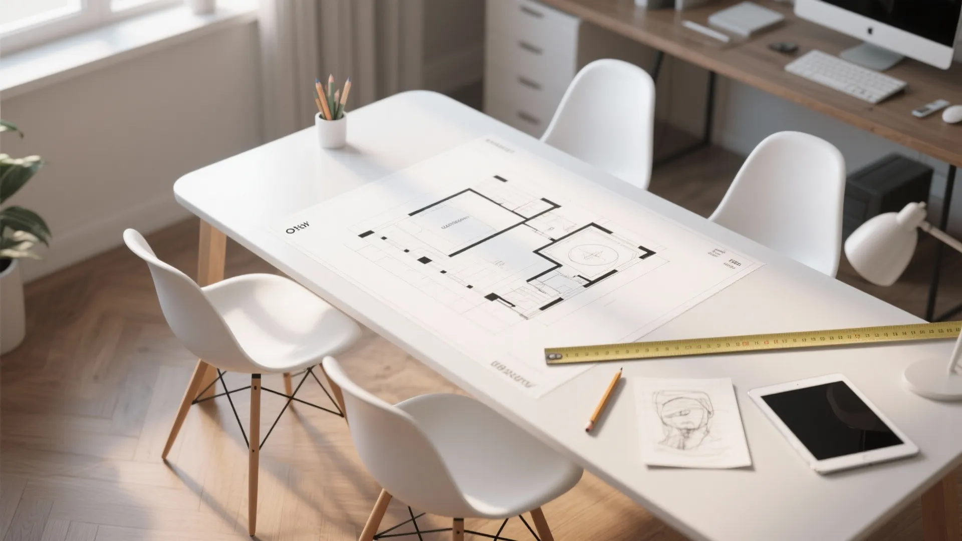 Top-down desk scene with a 3D floor planner mockup showing white chairs and table layout.