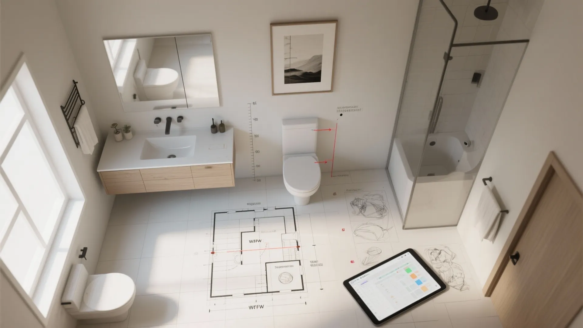 Top down view of bathroom design layout showing floor plan sketch and digital tablet tool