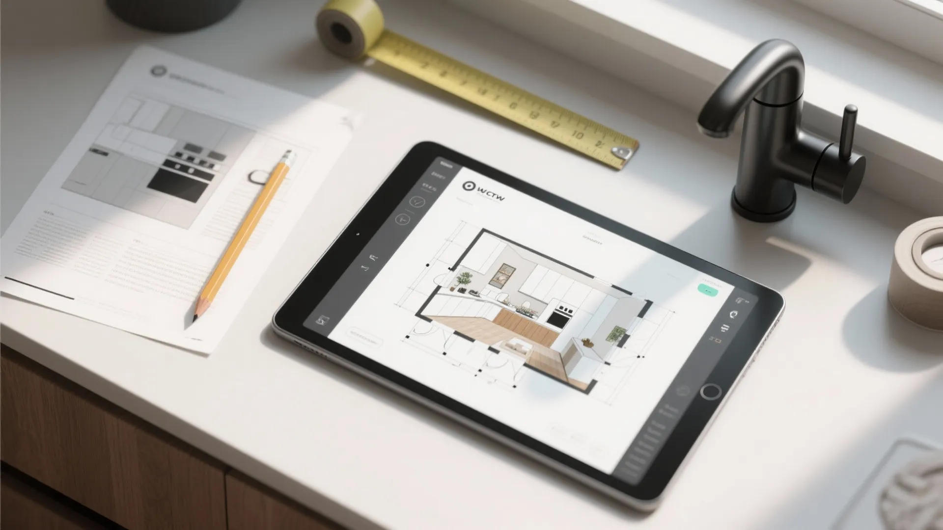 Tablet showing a 3D interior design layout with a ruler pencil and paper on desk