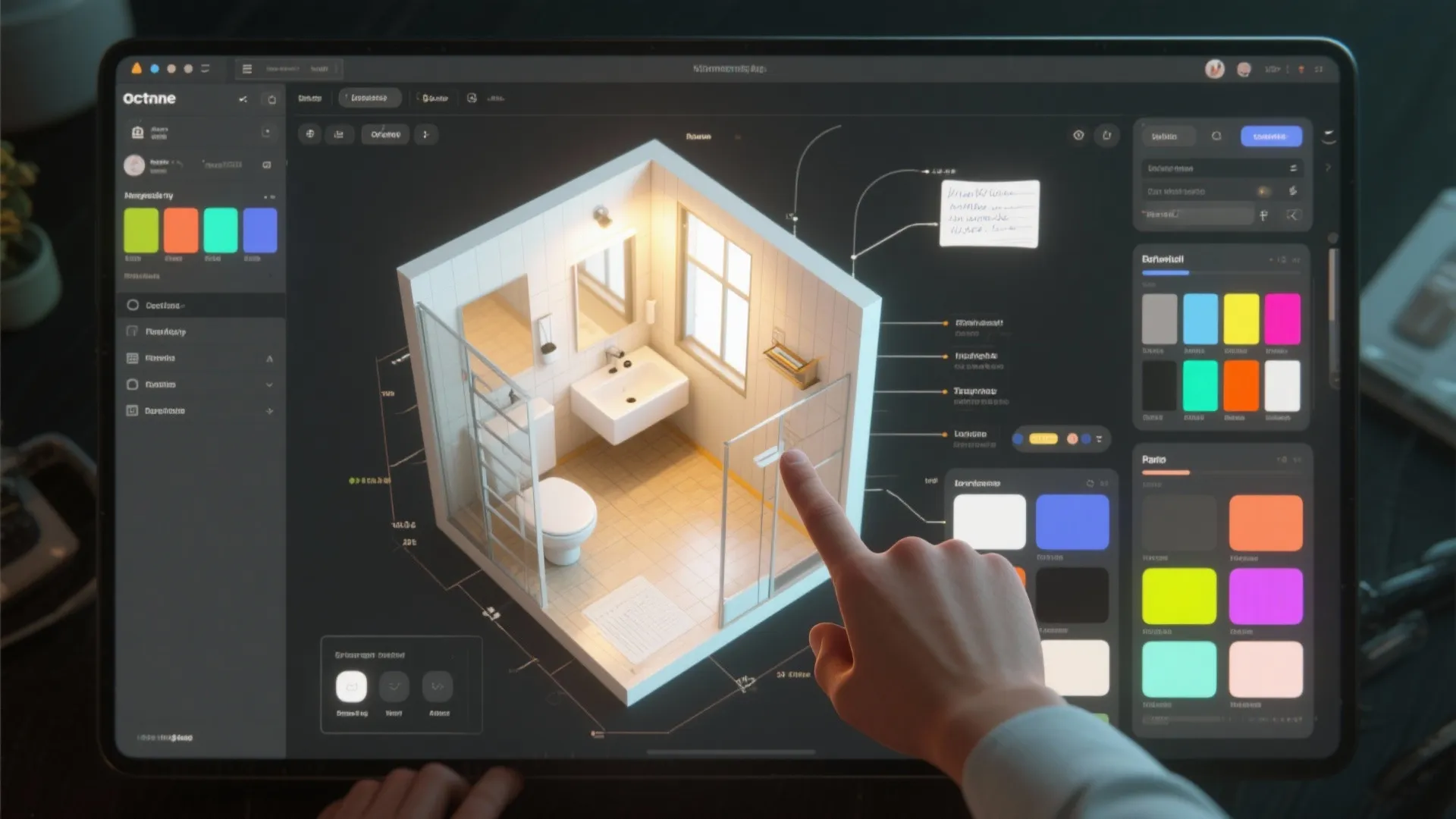 Top-down view of a 3D bathroom planner screen with paint swatches and light simulations for testing purple ideas.