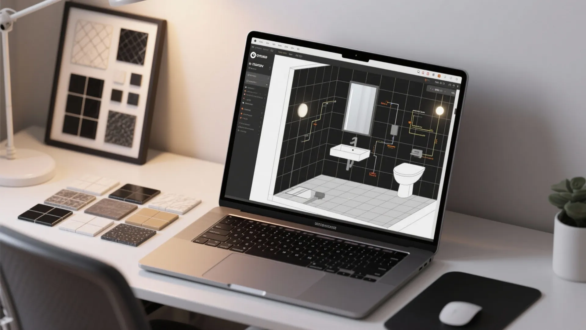 Laptop on white desk showing a bathroom interior design drawing with black tiles and toilet