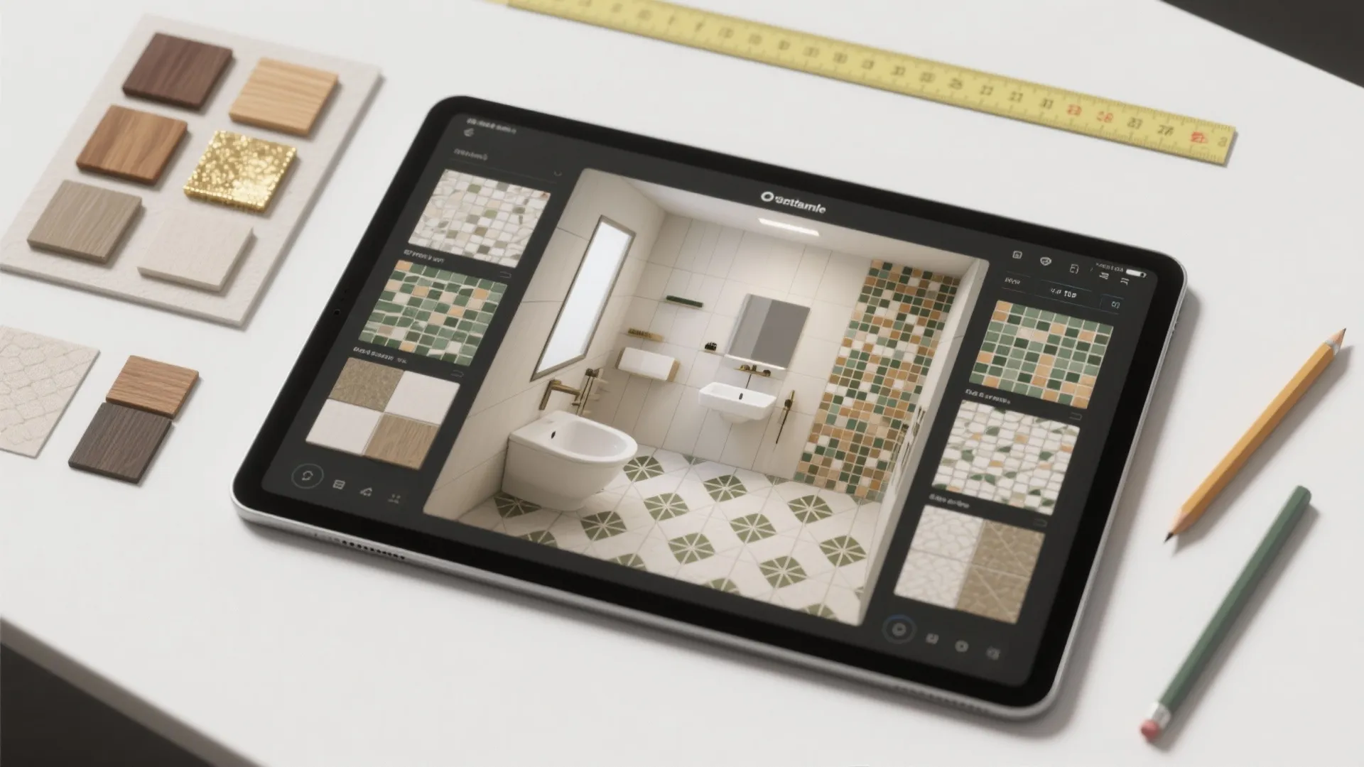 Top-down view of a digital room planner with tile layout options and material swatches.