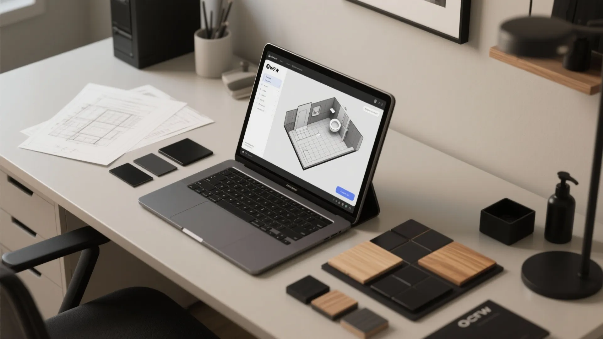 Top-down view of a laptop showing a bathroom planner with black finish samples and printed layouts.