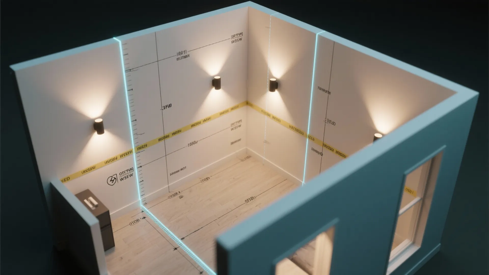 Top-down planner view showing LED wall light placement, beam angles, and spacing annotations.