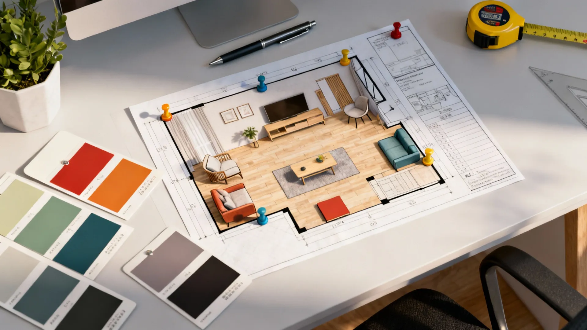 Top-down desk scene with a room planner, color swatches and furniture cutouts for testing two-color schemes.