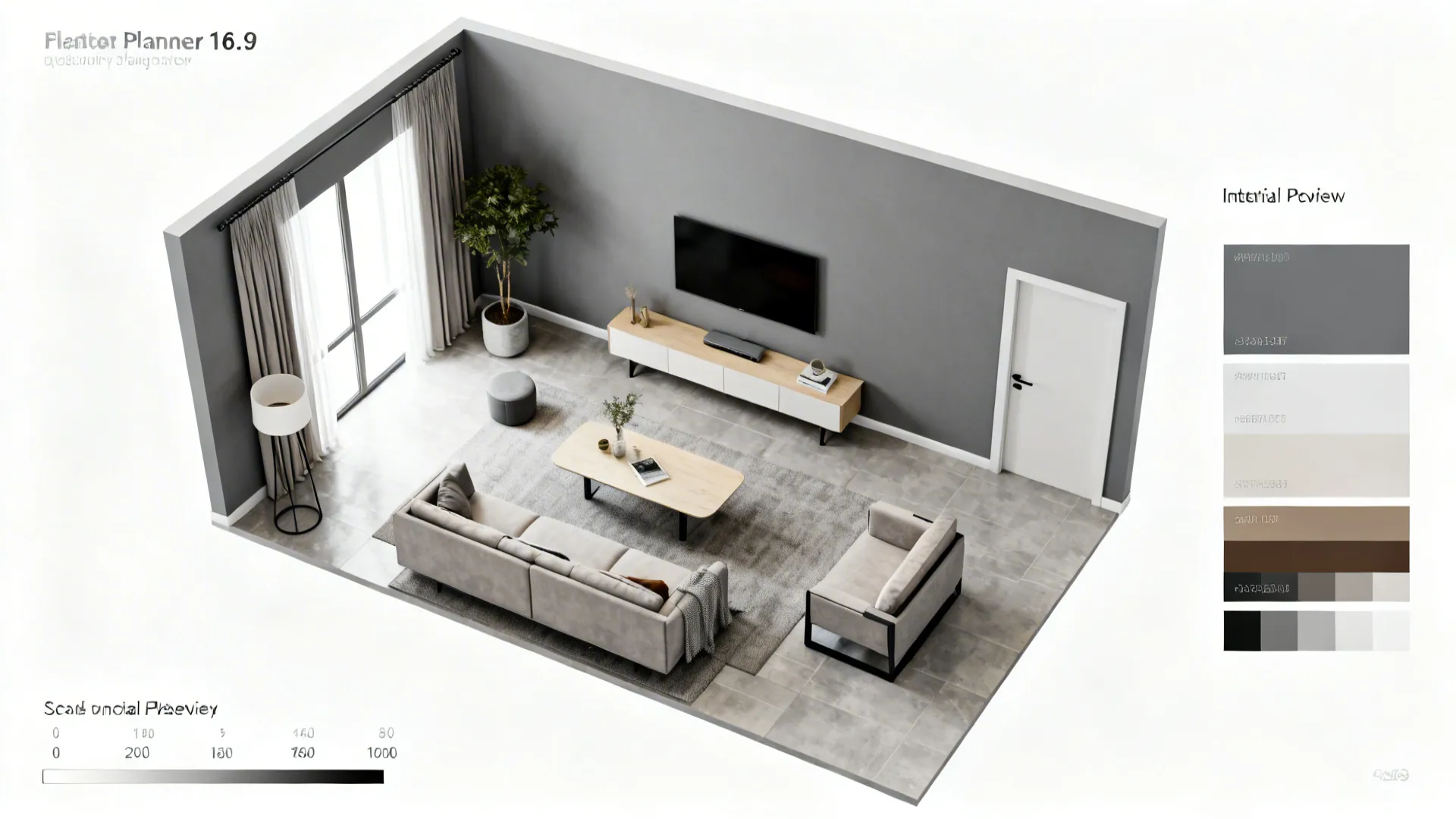 Top-down room planner visualization showing gray accent wall options and furniture layout