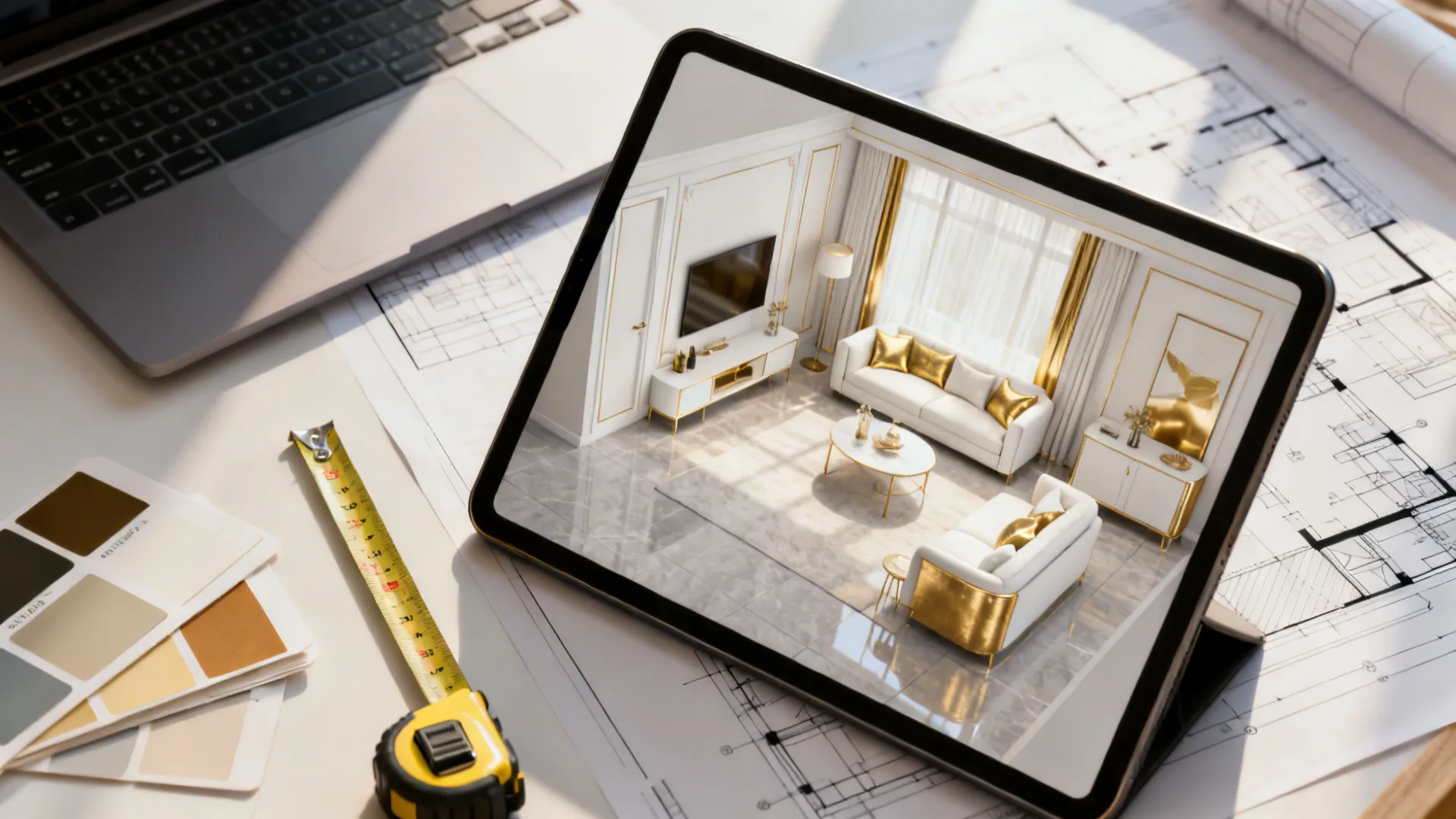 Top-down view of a 3D floor planner on a tablet with white-and-gold material samples
