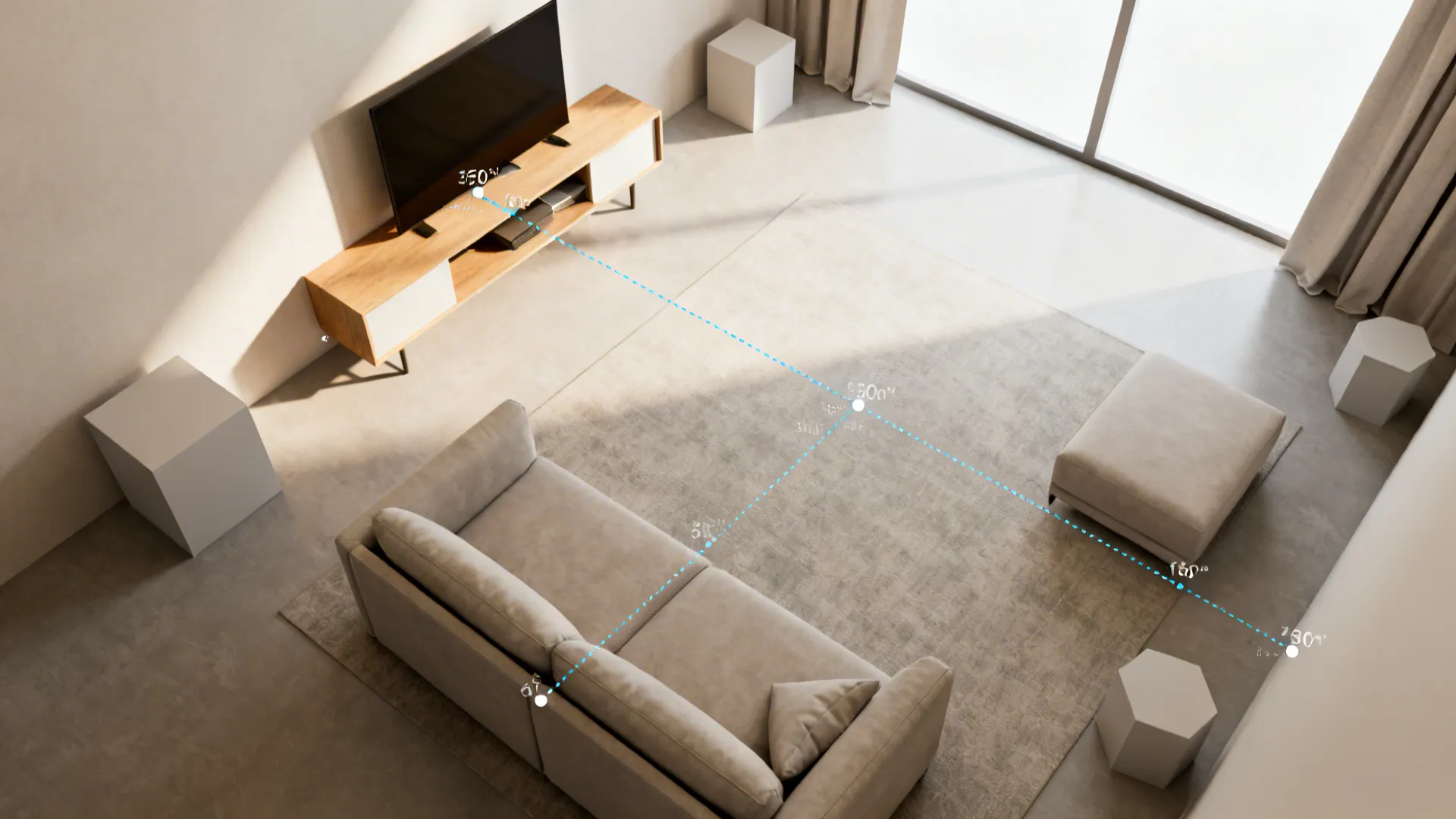 Top-down room planner showing console placement and sightlines in a small living room