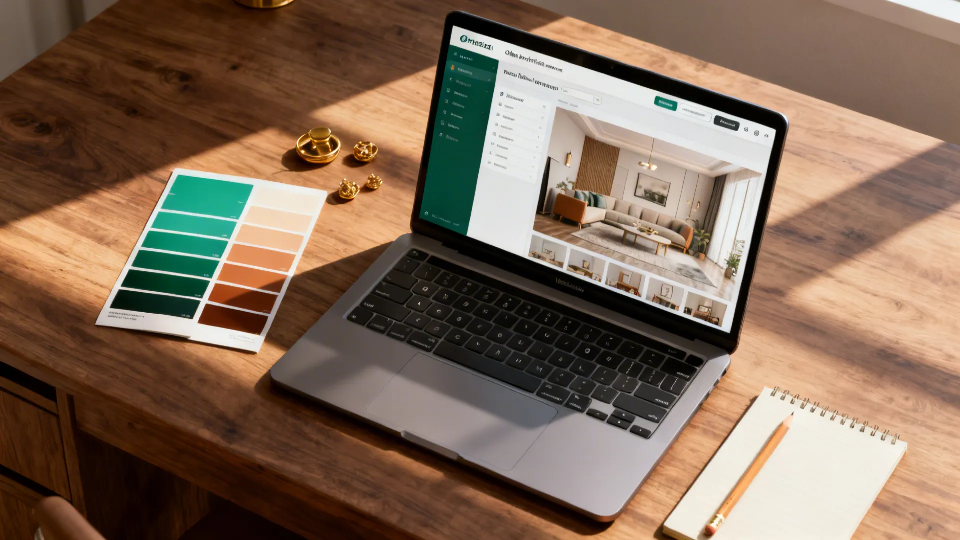 Top-down view of a laptop showing a room planner, emerald swatches and gold accessories