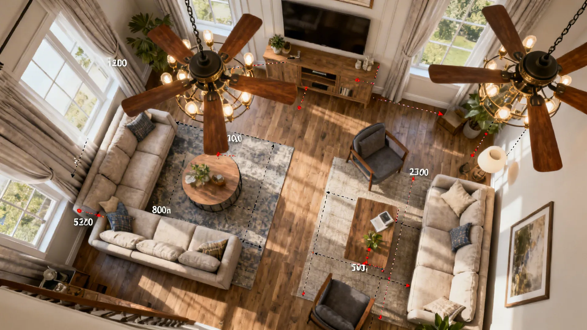 Top-down room planner showing chandelier fan placement and mounting notes for a living room.