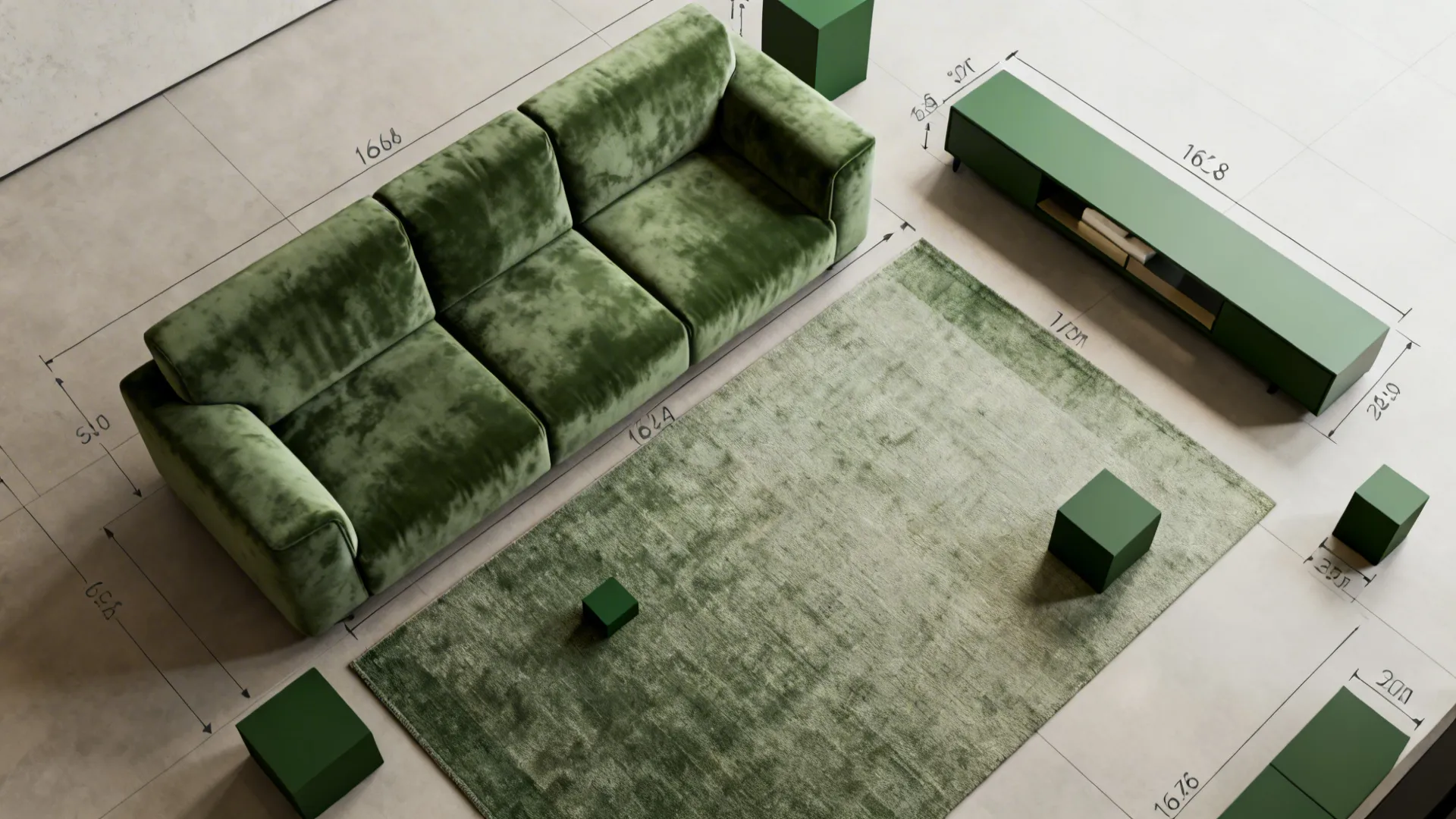 Top-down mockup of room planner showing green velvet sofa placement and zoning in a small living room