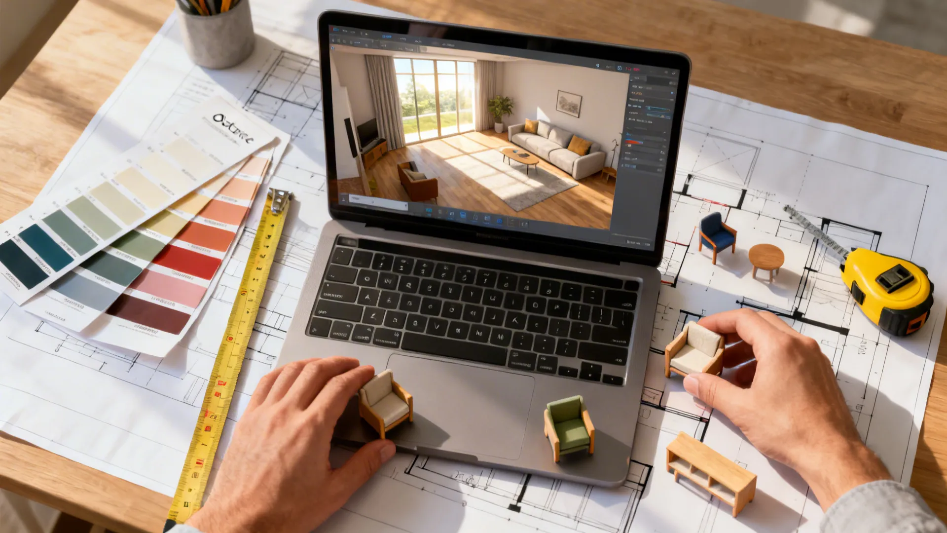 Top-down scene of a room planner, swatches and scaled furniture for layout testing