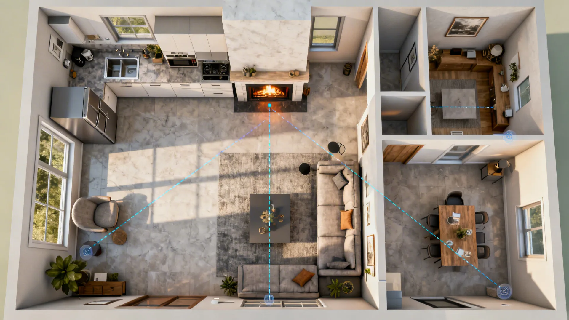 Top-down planner view illustrating fireplace placement, sightlines, and circulation in an open-plan layout.