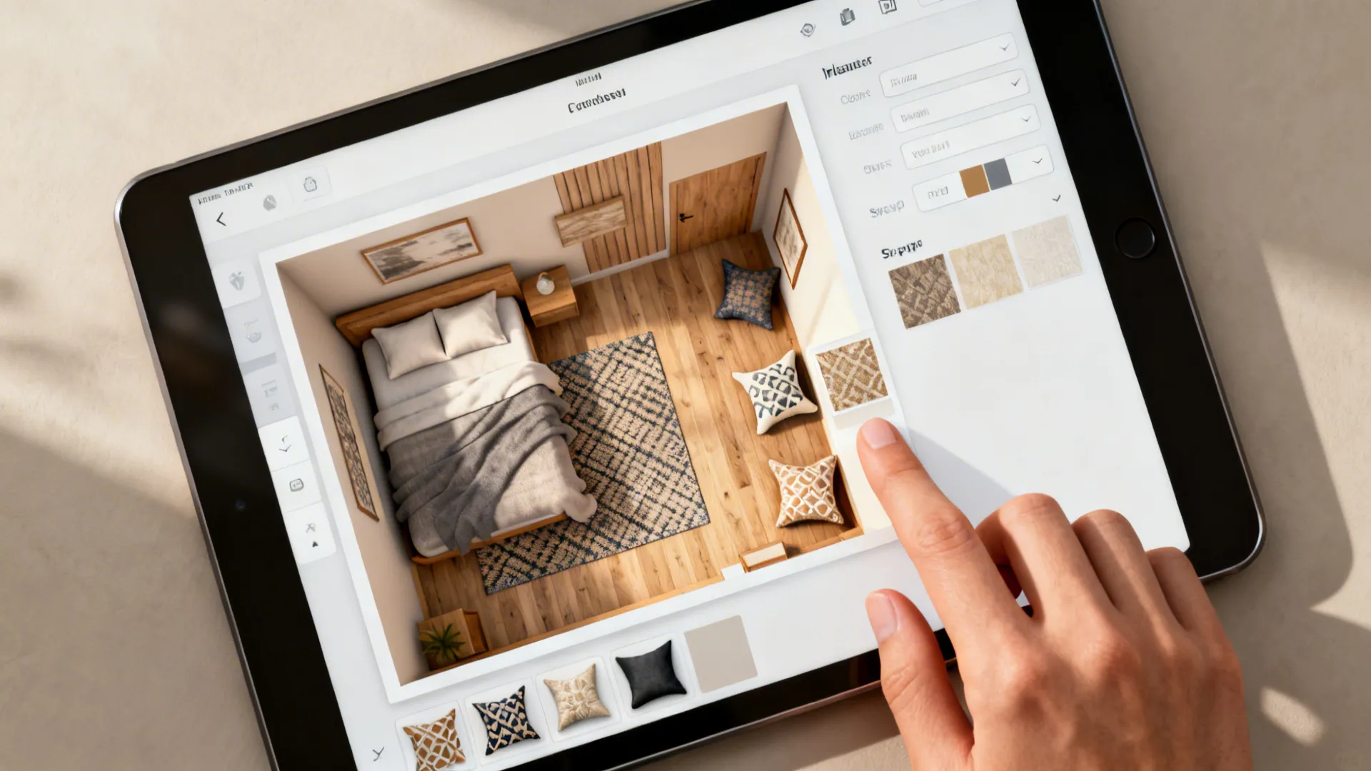 Top-down view of a room planning interface on a tablet showing furniture arrangements for a shared bedroom.