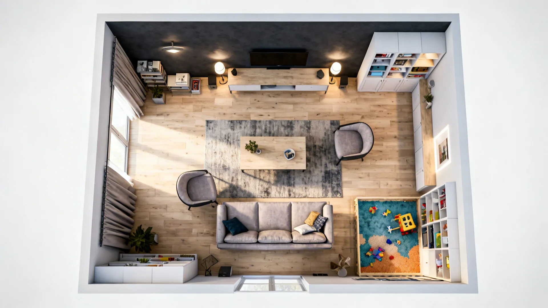 Top-down 3D planner view showing layout options with a charcoal feature wall and furniture zones.