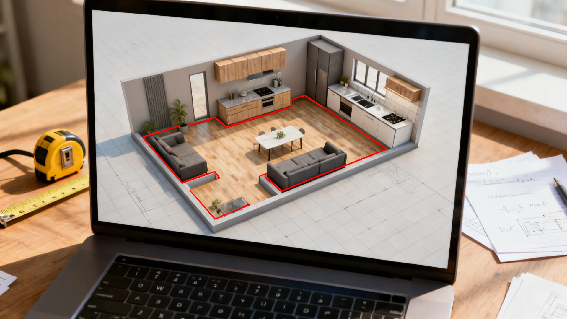 Top-down view of a 3D floor planner on a laptop illustrating furniture arrangement and sightlines.
